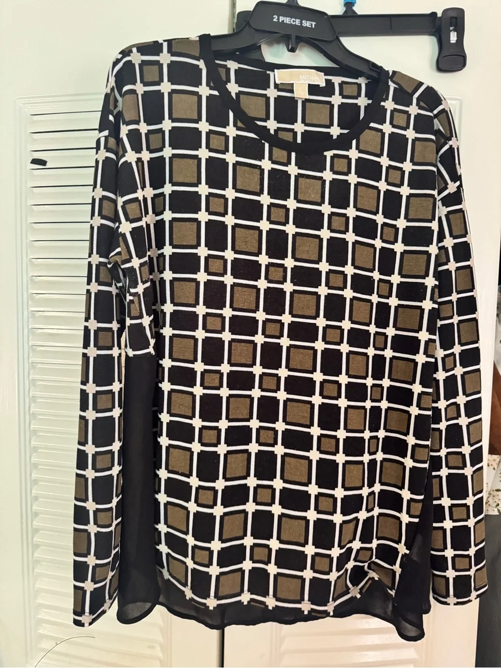 Michael Kors Black Olive & Cream Grid-Print Long Sleeve Top